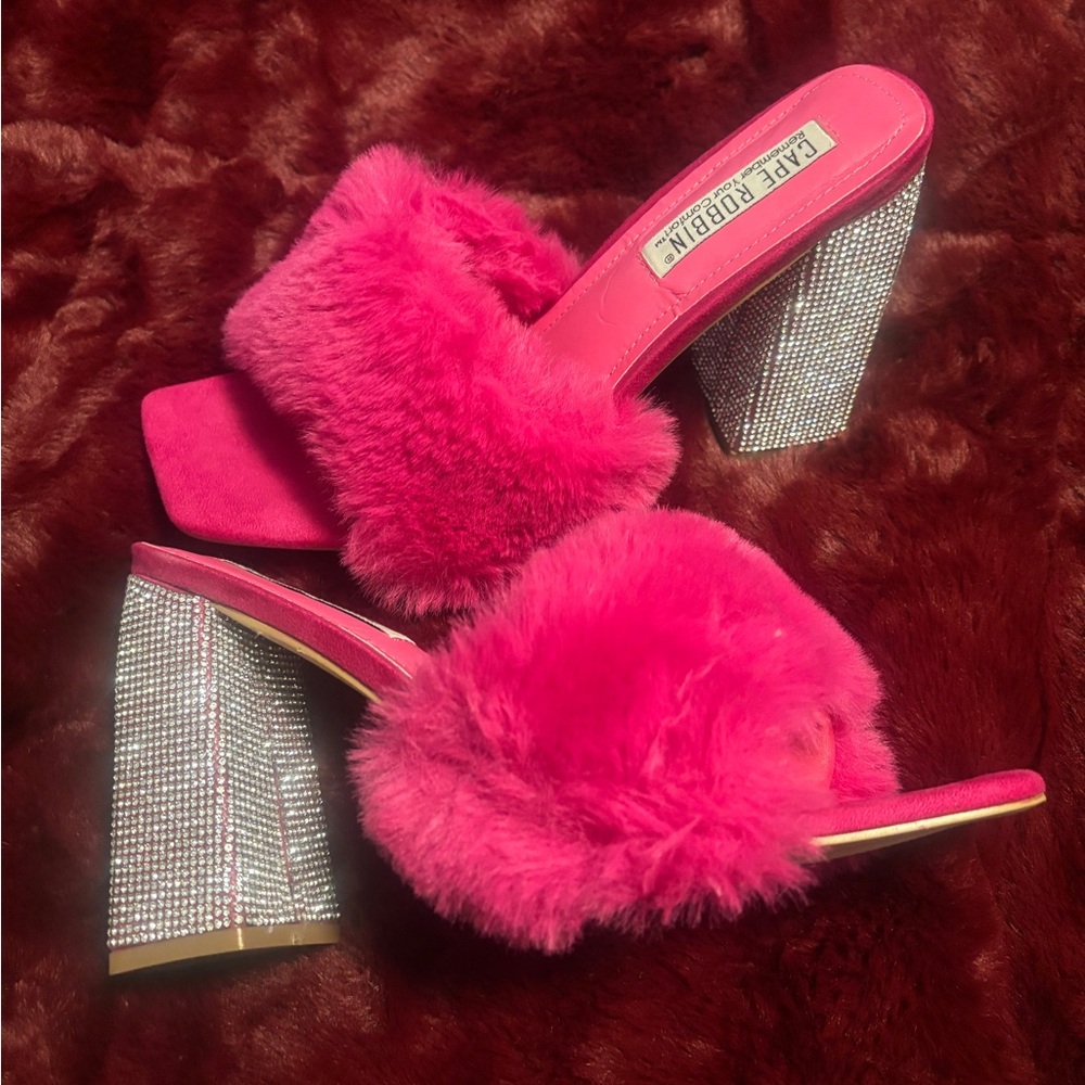 Cape Robbin Hot Pink Fur Heels with Silver Accents